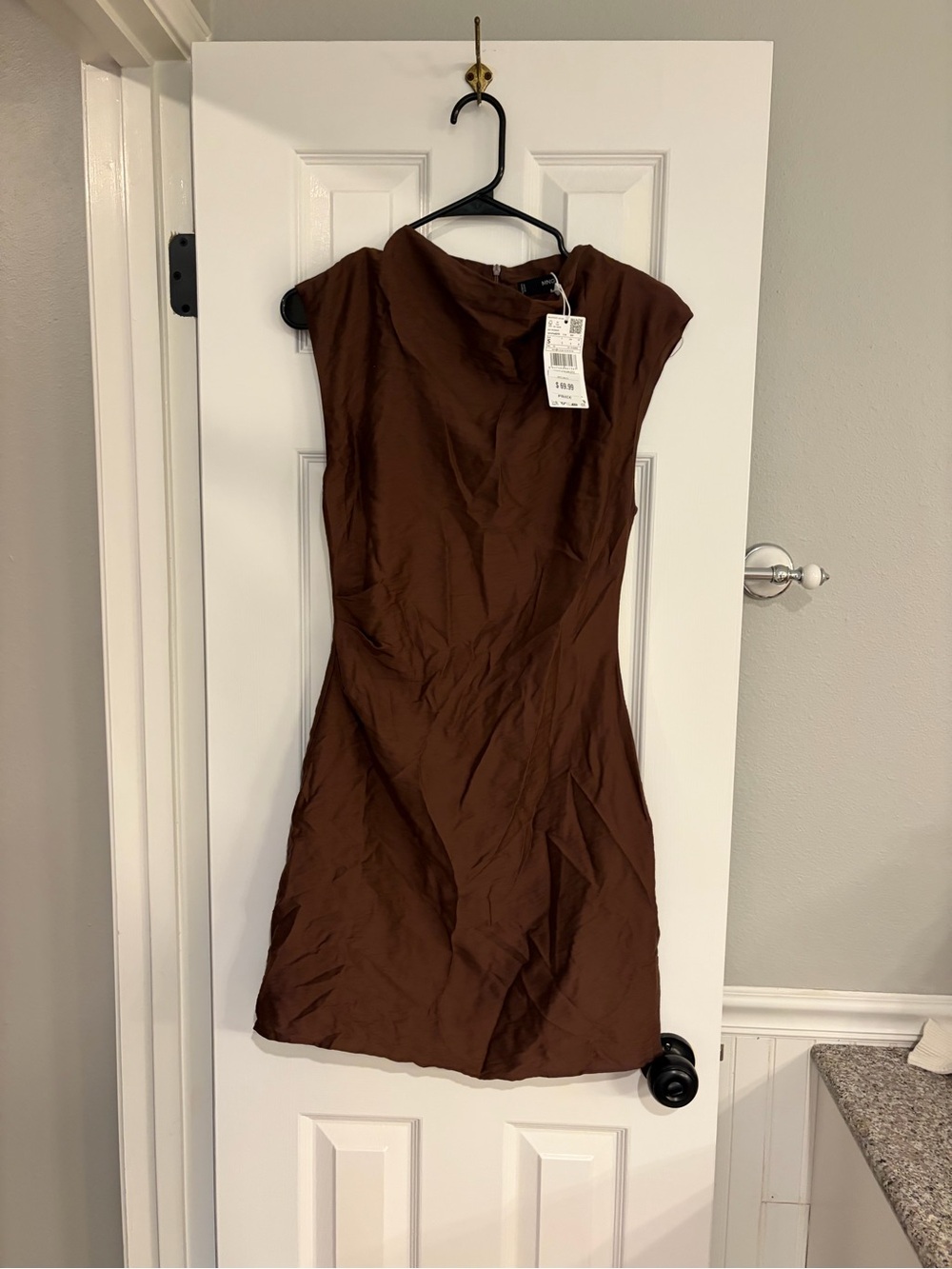 MANGO Carlota Drape Mini Dress Chocolate Brown Cowl Neck Sleeveless S